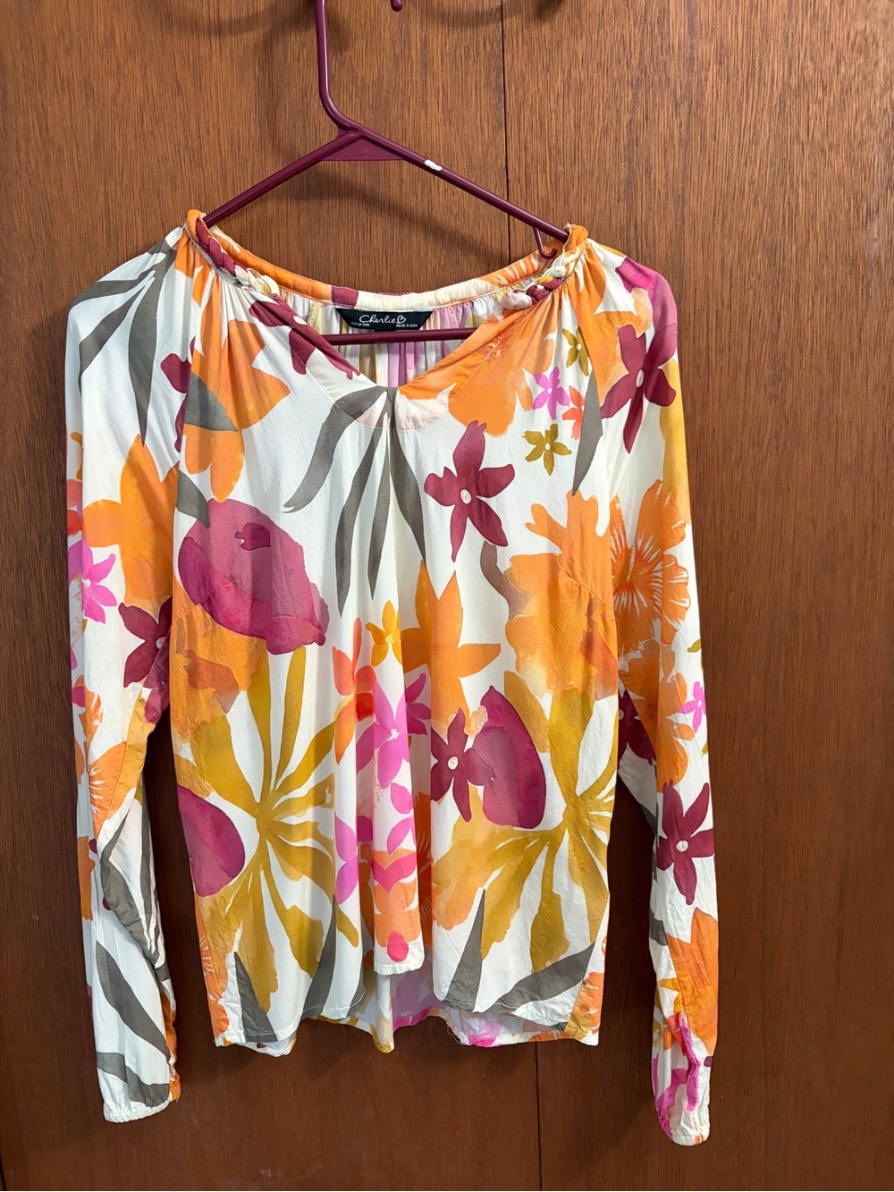 CHARLIE B Cream Floral Blouse with Orange & Pink Accents